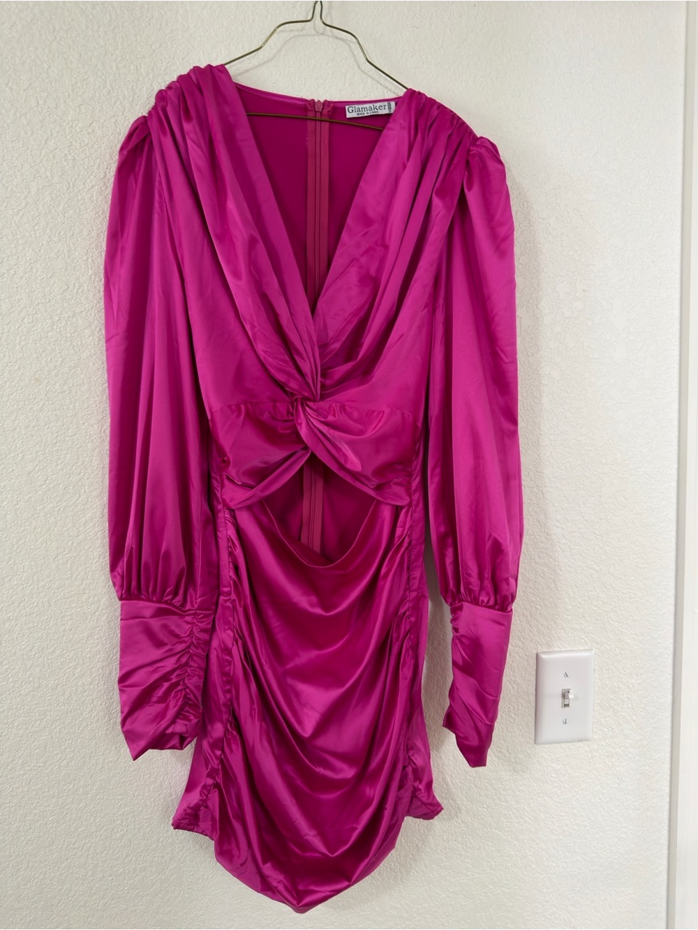 Fuchsia Satin Midi Dress with Draped Twist Front